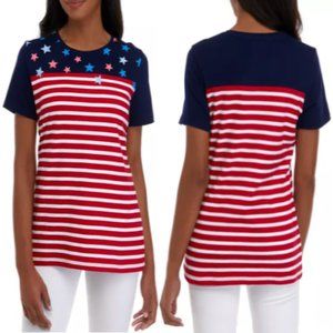 Kim Rogers Patriotic Navy Star Yoke Red/White Stripe Bottom Tee Size M NWT